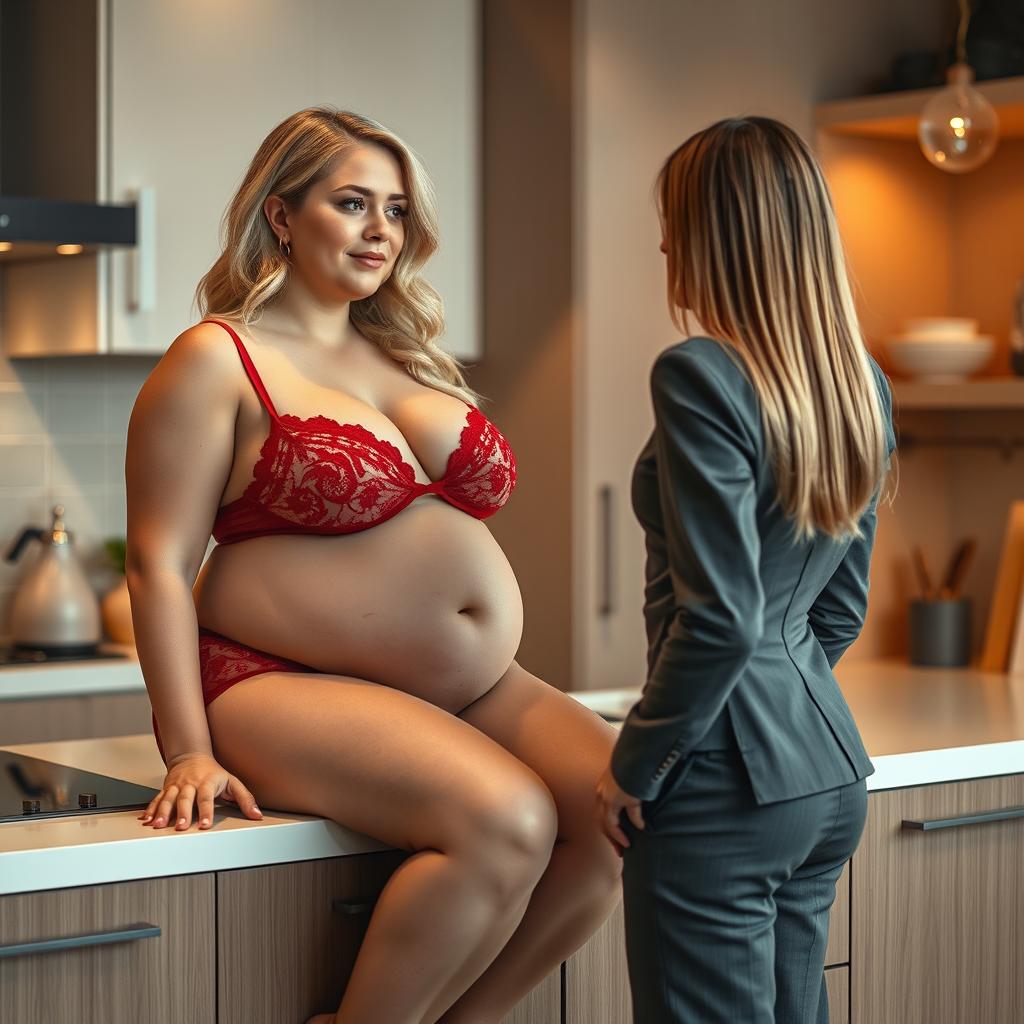 An 18-year-old girl with a sexy and sweet thin face, beautiful blond hair, and a curvy physique is sitting on the kitchen counter in her modern apartment