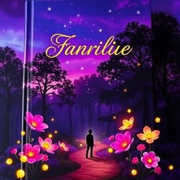 A stunning book cover featuring a mystical forest at twilight, with glowing fireflies dancing around vibrant, oversized flowers