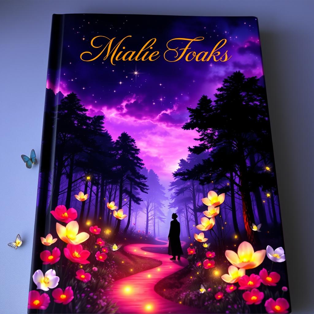 A stunning book cover featuring a mystical forest at twilight, with glowing fireflies dancing around vibrant, oversized flowers