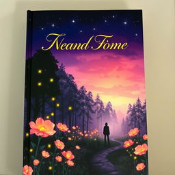 A stunning book cover featuring a mystical forest at twilight, with glowing fireflies dancing around vibrant, oversized flowers