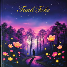 A stunning book cover featuring a mystical forest at twilight, with glowing fireflies dancing around vibrant, oversized flowers