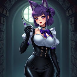 A sexy gothic semi-realistic anime kitsune girl maid, featuring striking gothic makeup with bold purple eyeshadow and luscious red lips