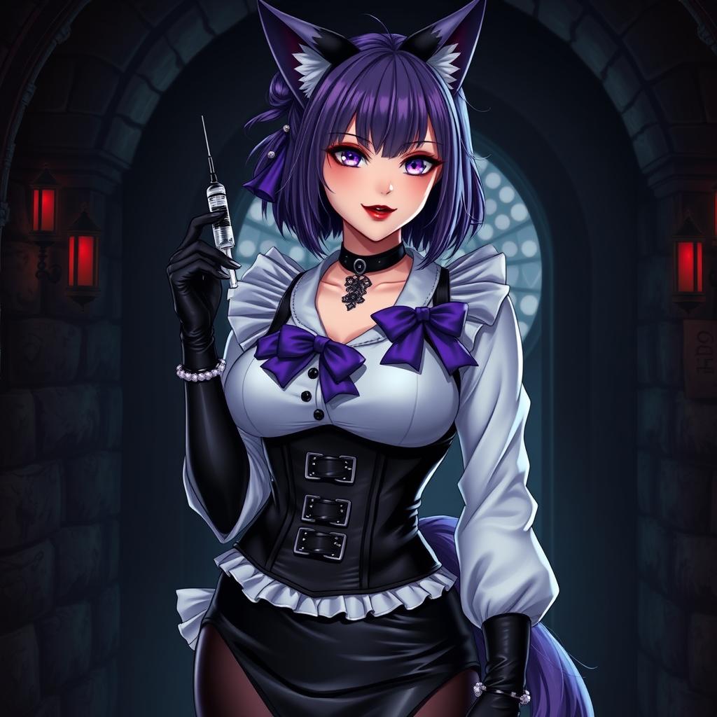 A sexy gothic semi-realistic anime kitsune girl maid, featuring striking gothic makeup with bold purple eyeshadow and luscious red lips