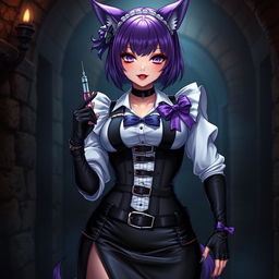 A sexy gothic semi-realistic anime kitsune girl maid, featuring striking gothic makeup with bold purple eyeshadow and luscious red lips
