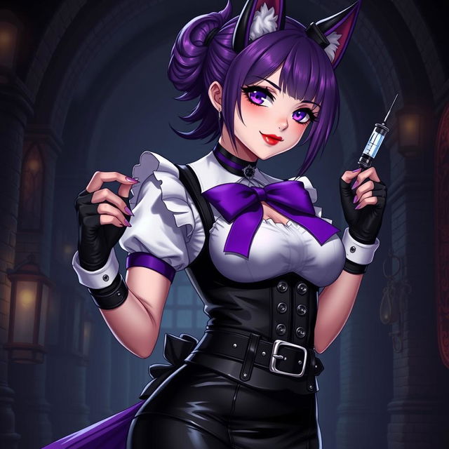 A sexy gothic semi-realistic anime kitsune girl maid, featuring striking gothic makeup with bold purple eyeshadow and luscious red lips