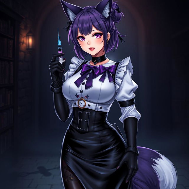 A sexy gothic semi-realistic anime kitsune girl maid, featuring captivating purple eyeshadow and bold red lips