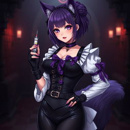 A sexy gothic semi-realistic anime kitsune girl maid, featuring captivating purple eyeshadow and bold red lips