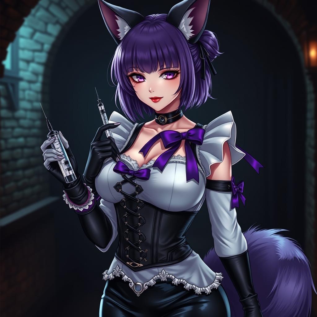 A sexy gothic semi-realistic anime kitsune girl maid, featuring captivating purple eyeshadow and bold red lips