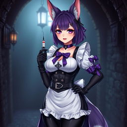 A sexy gothic semi-realistic anime kitsune girl maid, featuring captivating purple eyeshadow and bold red lips