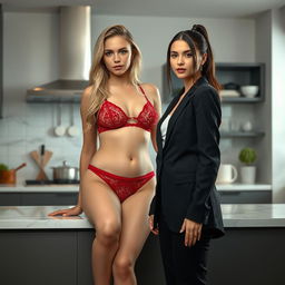 A captivating scene featuring an 18-year-old girl with a sexy and sweet thin face, lovely blond hair, and a curvy figure, sitting on the kitchen counter of her chic apartment