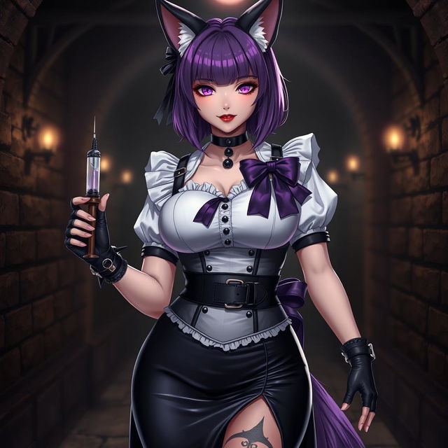 A sexy gothic semi-realistic anime kitsune girl maid, adorned with mesmerizing purple eyeshadow and bold red lips