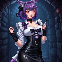 A sexy gothic semi-realistic anime kitsune girl maid, adorned with mesmerizing purple eyeshadow and bold red lips