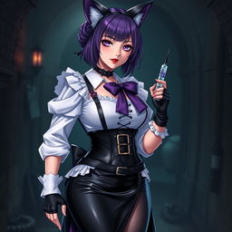 A sexy gothic semi-realistic anime kitsune girl maid, adorned with mesmerizing purple eyeshadow and bold red lips