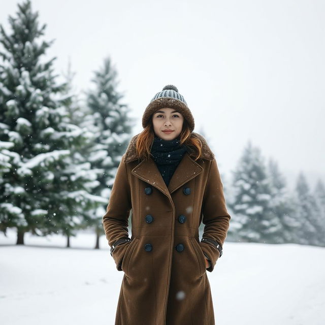 A serene winter scene featuring a person standing in a gentle snowfall