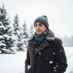 A serene winter scene featuring a person standing in a gentle snowfall