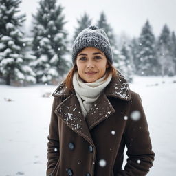 A serene winter scene featuring a person standing in a gentle snowfall
