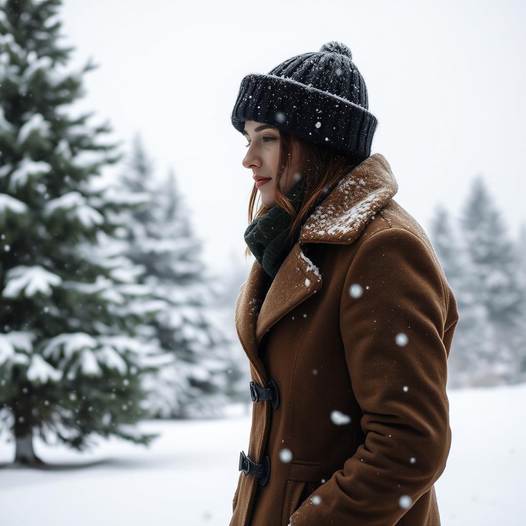 A serene winter scene featuring a person standing in a gentle snowfall