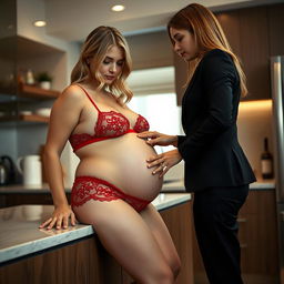 A striking scene featuring an 18-year-old girl with a sexy and sweet thin face and beautiful blond hair, sitting on the kitchen counter of her stylish apartment