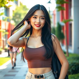 A beautiful and playful Chinese woman with large breasts, confidently posing as a university student