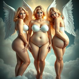 A stunning showcase of three beautiful angels, each with perfect faces and curvaceous bodies