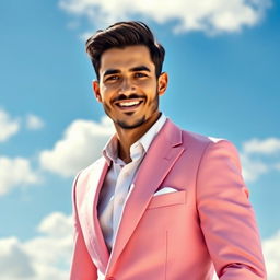A stylish man wearing a formal pink suit, standing confidently against a beautiful sky background