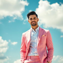 A stylish man wearing a formal pink suit, standing confidently against a beautiful sky background