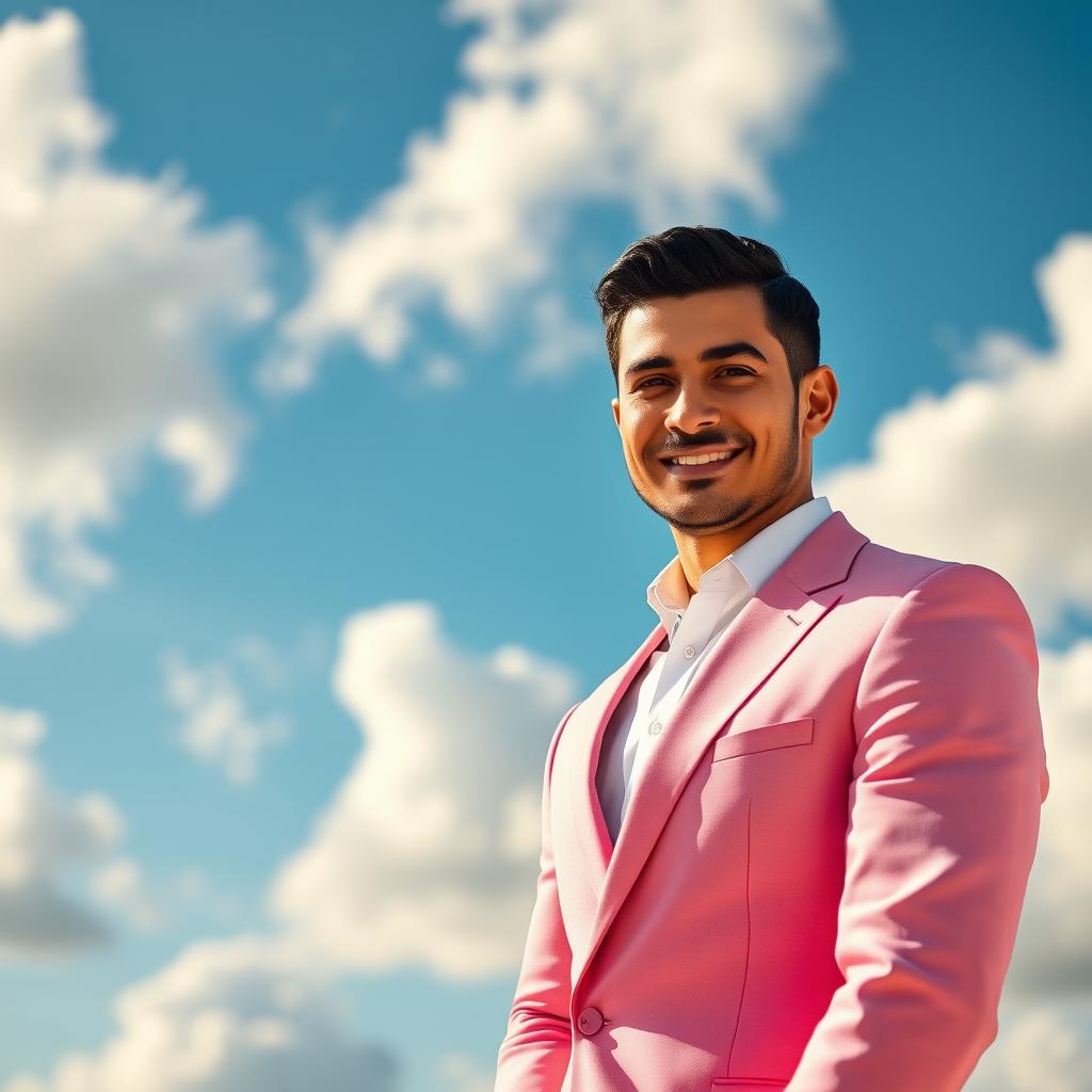 A stylish man wearing a formal pink suit, standing confidently against a beautiful sky background