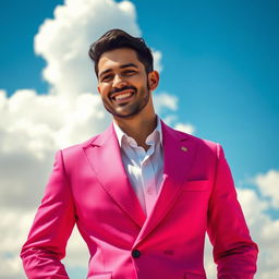 A stylish man wearing a formal pink suit, standing confidently against a beautiful sky background