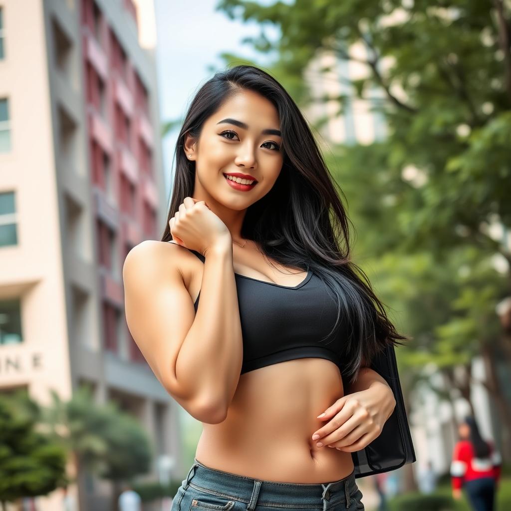 A stunning Chinese woman with voluptuous curves, featuring large breasts, playfully posing as a university student