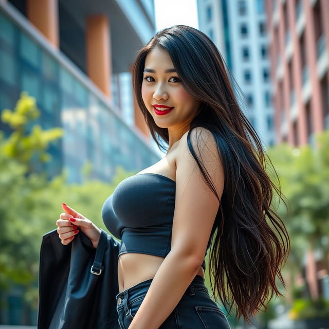 A stunning Chinese woman with voluptuous curves, featuring large breasts, playfully posing as a university student