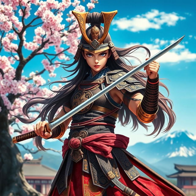 A fierce samurai warrior girl standing confidently in an ancient Japanese setting, dressed in ornate traditional armor adorned with intricate designs