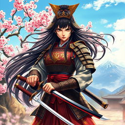 A fierce samurai warrior girl standing confidently in an ancient Japanese setting, dressed in ornate traditional armor adorned with intricate designs