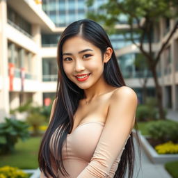 A gorgeous Chinese woman with large breasts, exuding a playful and flirtatious vibe as a confident university student