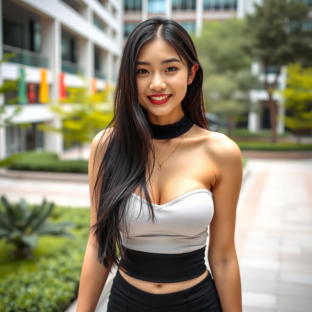 A gorgeous Chinese woman with large breasts, exuding a playful and flirtatious vibe as a confident university student