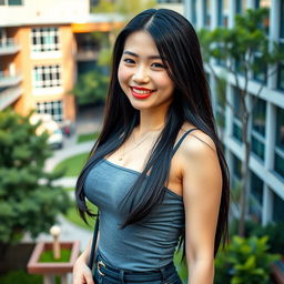 A gorgeous Chinese woman with large breasts, exuding a playful and flirtatious vibe as a confident university student