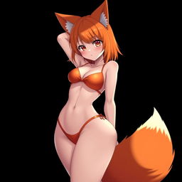 A sexy kitsune anime girl with vibrant shoulder-length orange hair, wearing a striking orange bikini that accentuates her curves