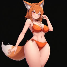 A sexy kitsune anime girl with vibrant shoulder-length orange hair, wearing a striking orange bikini that accentuates her curves