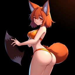 A sexy kitsune anime girl with vibrant shoulder-length orange hair, wearing a striking orange bikini that accentuates her curves