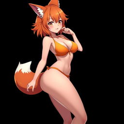 A sexy kitsune anime girl with vibrant shoulder-length orange hair, wearing a striking orange bikini that accentuates her curves