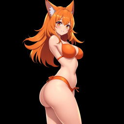A sexy kitsune anime girl with vibrant shoulder-length orange hair, wearing a striking orange bikini that highlights her curves