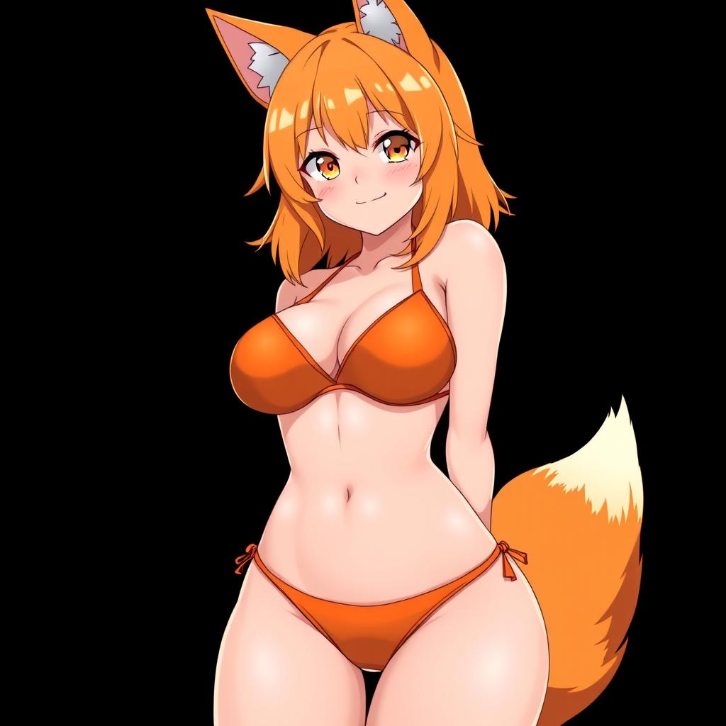 A sexy kitsune anime girl with vibrant shoulder-length orange hair, wearing a striking orange bikini that highlights her curves