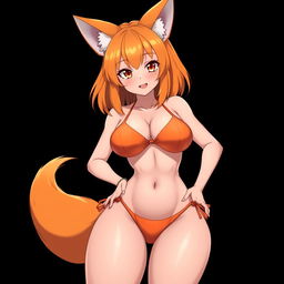 A sexy kitsune anime girl with vibrant shoulder-length orange hair, wearing a striking orange bikini that highlights her curves