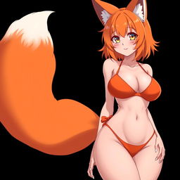 A sexy kitsune anime girl with vibrant shoulder-length orange hair, wearing a striking orange bikini that highlights her curves