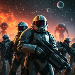A close-up view of sci-fi soldiers in full futuristic armor, set against a dramatic outer space background filled with distant stars and nebulas