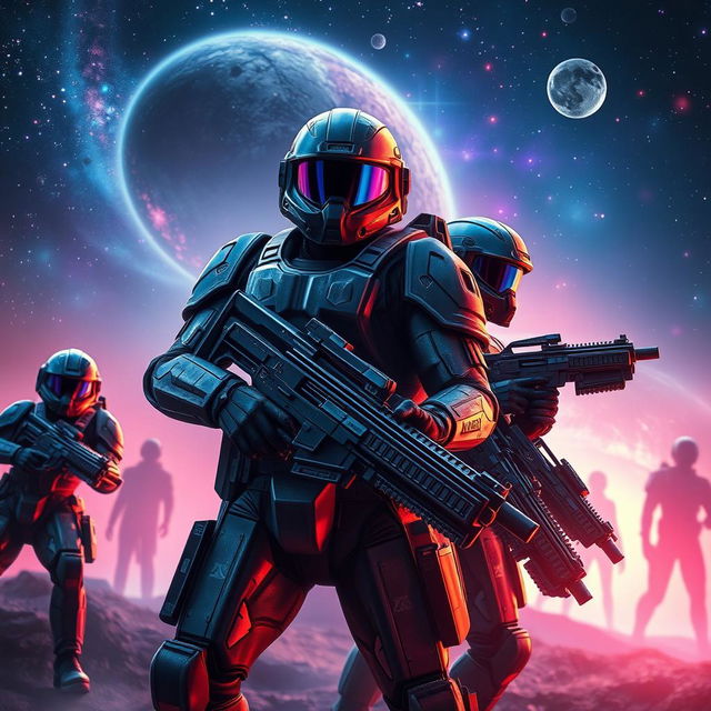 A close-up view of sci-fi soldiers in full futuristic armor, set against a dramatic outer space background filled with distant stars and nebulas