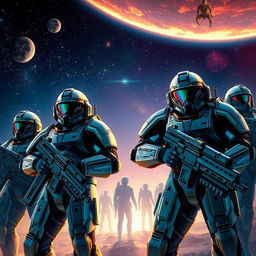 A close-up view of sci-fi soldiers in full futuristic armor, set against a dramatic outer space background filled with distant stars and nebulas