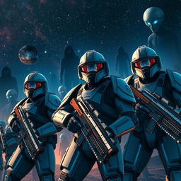 A close-up view of sci-fi soldiers in full futuristic armor, set against a dramatic outer space background filled with distant stars and nebulas