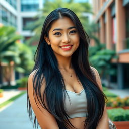 A beautiful Indonesian woman with large breasts, confidently portraying a modern university student