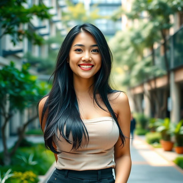 A beautiful Indonesian woman with large breasts, confidently portraying a modern university student