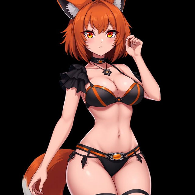 A sexy gothic kitsune anime girl with striking shoulder-length orange hair, wearing a captivating black and orange bikini that accentuates her curves